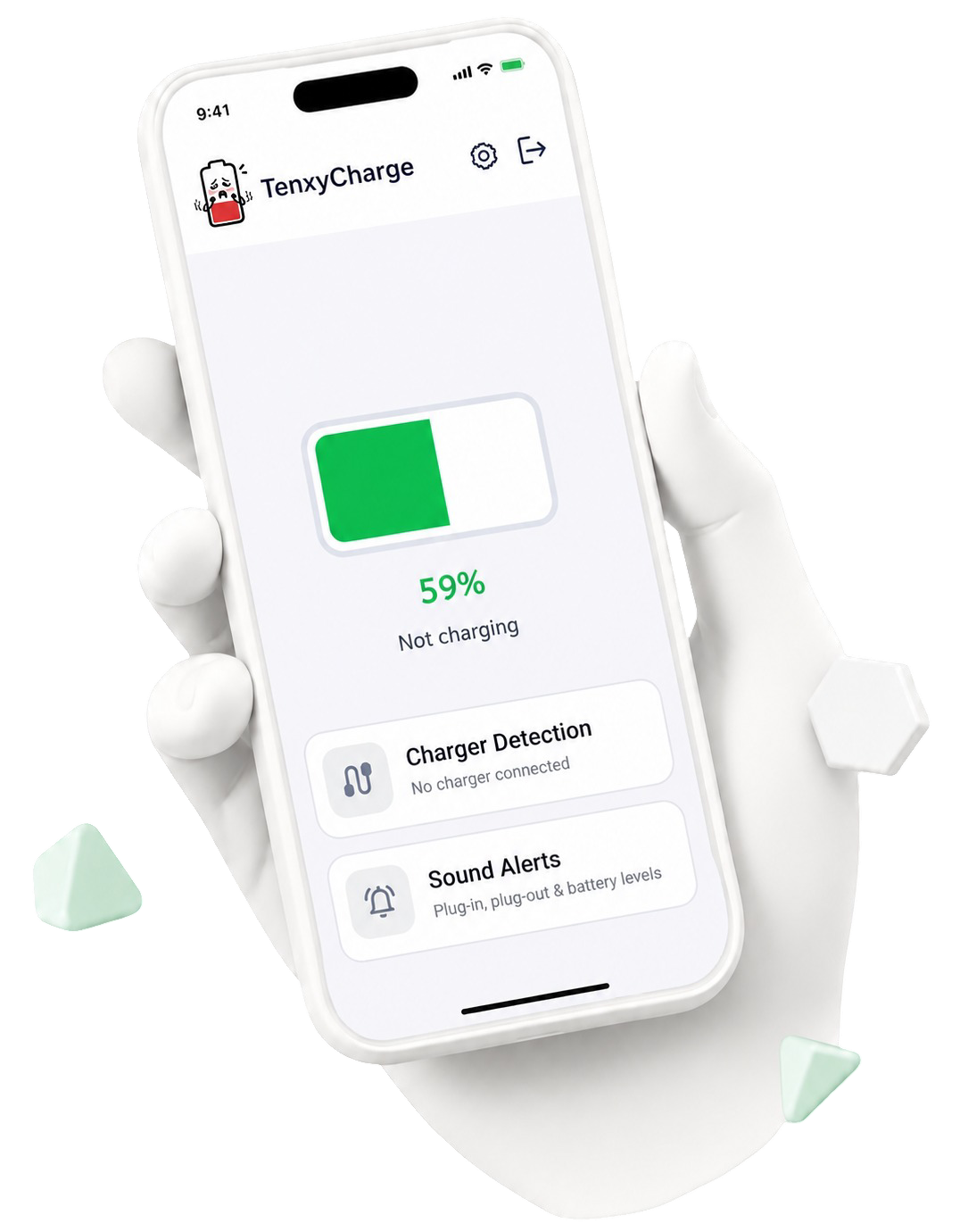 TenxyCharge home screen showing battery level and alerts