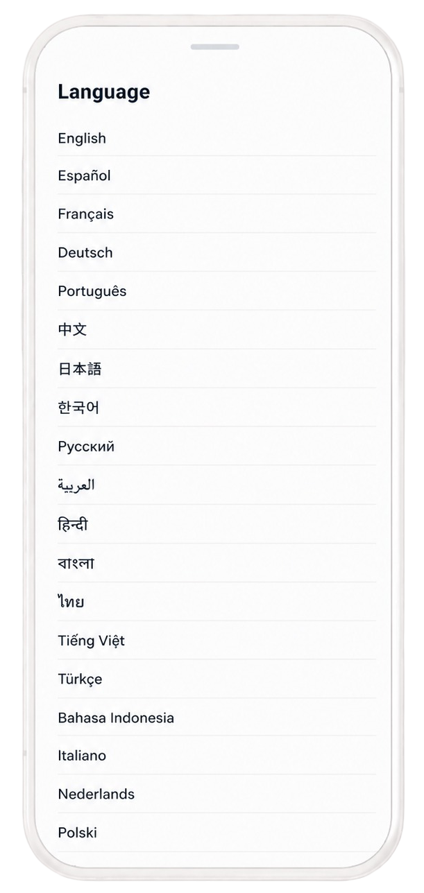 TenxyCharge language selection screen showing 19 languages
