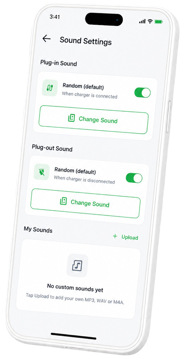 TenxyCharge sound settings showing plug-in and plug-out sounds